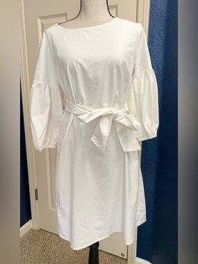 New York & Company White Midi Dress with Belted Waist and Puff Sleeves